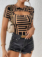 Women's T-shirt with elegant neckline cut in Black/Beige, elegant fit