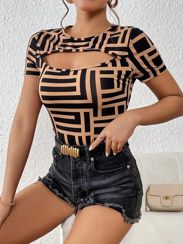 Women's T-shirt with elegant neckline cut in Black/Beige, elegant fit