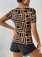 Women's T-shirt with elegant neckline cut in Black/Beige, elegant fit