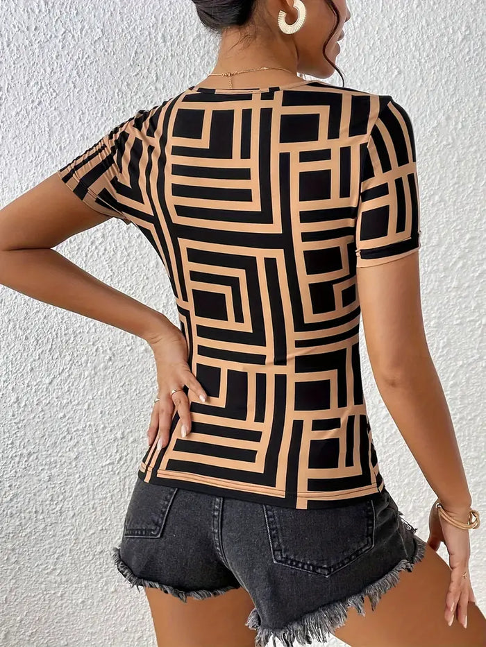 Women's T-shirt with elegant neckline cut in Black/Beige, elegant fit