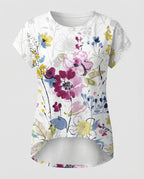 Women's summer blouse with watercolor floral print, asymmetric hem and relaxed loose fit