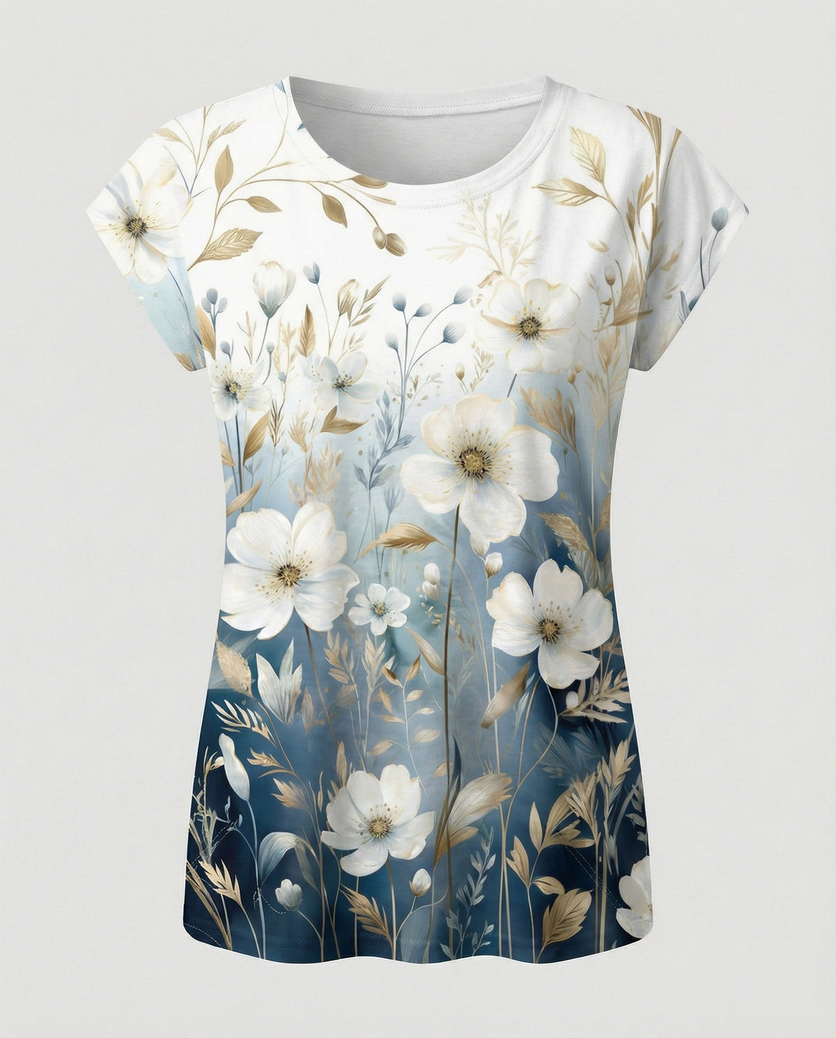 Women's summer blouse with watercolor floral print, asymmetric hem and relaxed loose fit