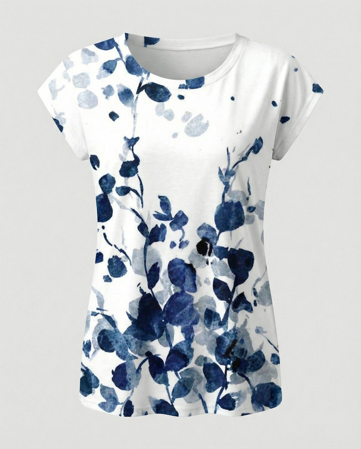 Women's summer blouse with watercolor floral print, asymmetric hem and relaxed loose fit