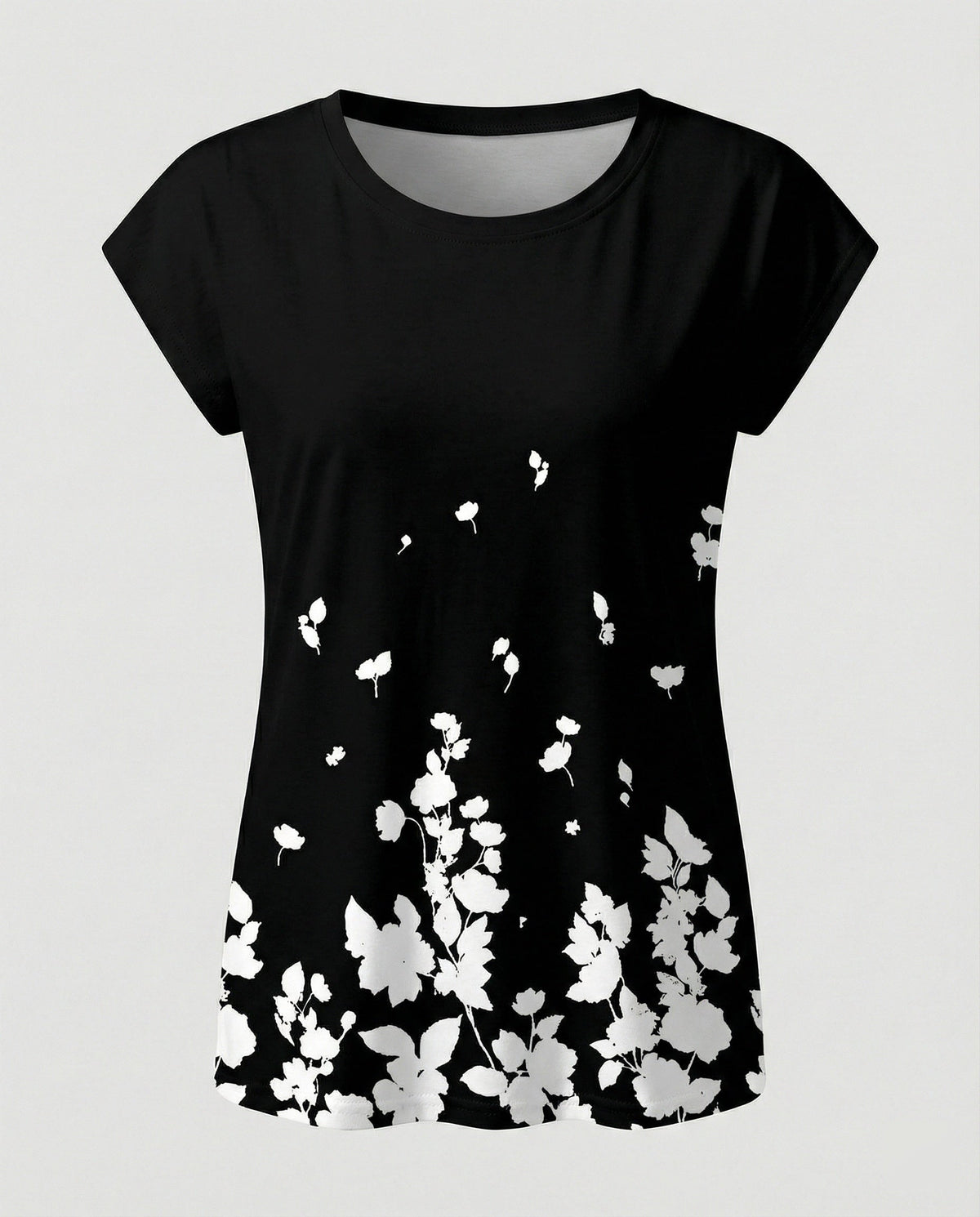 Women's summer blouse with watercolor floral print, asymmetric hem and relaxed loose fit