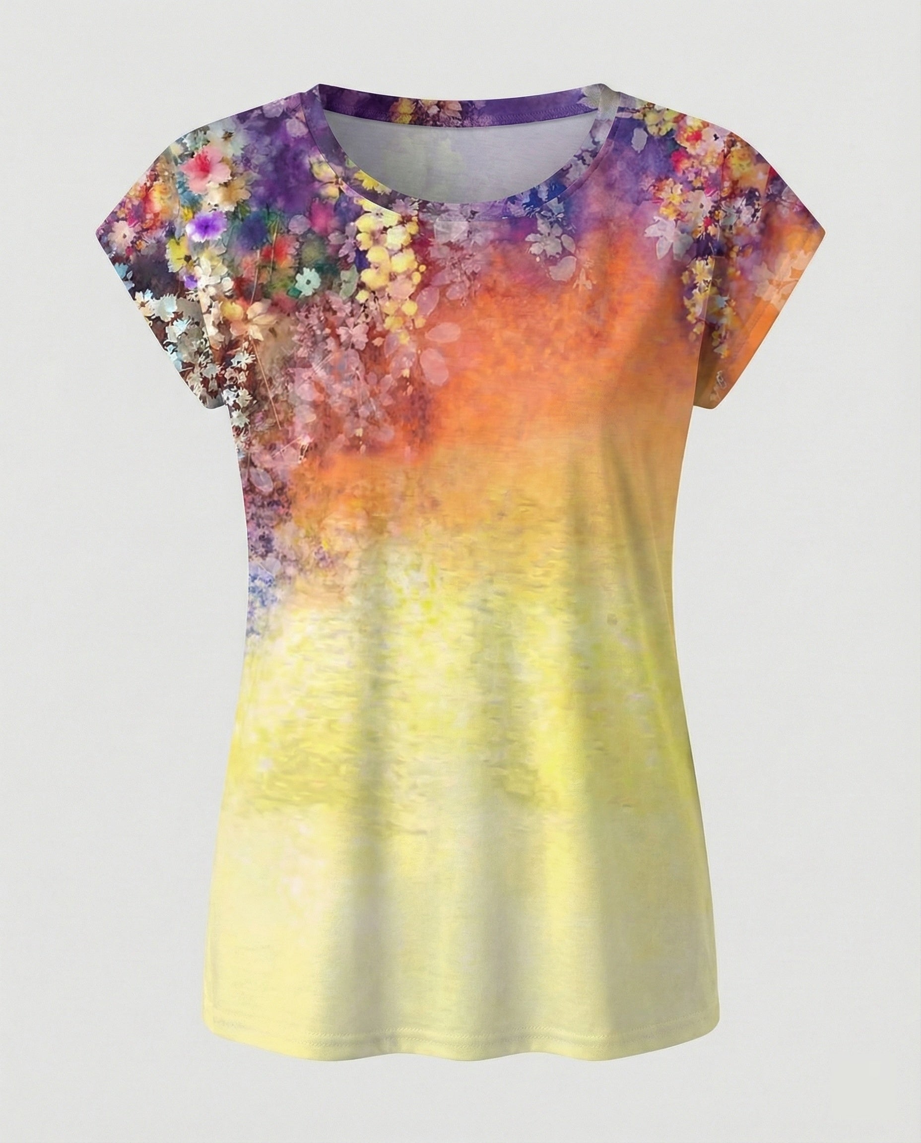 Women's summer blouse with watercolor floral print, asymmetric hem and relaxed loose fit