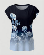 Women's summer blouse with watercolor floral print, asymmetric hem and relaxed loose fit