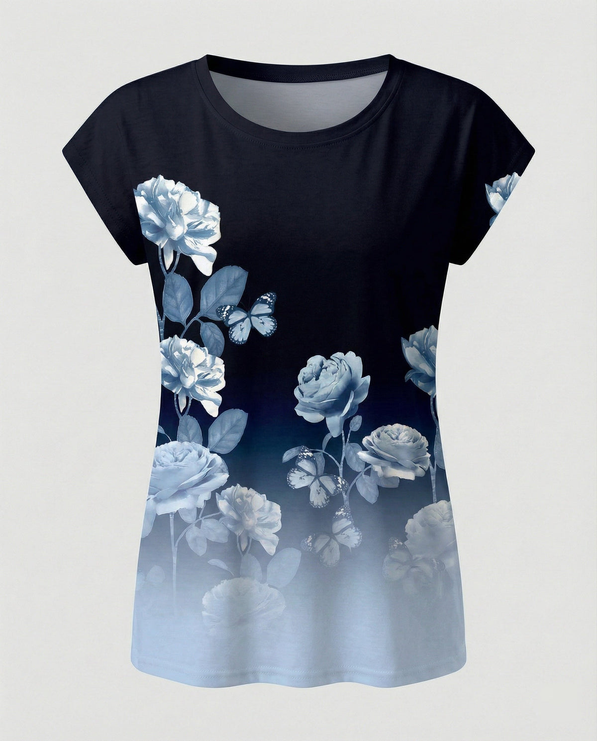Women's summer blouse with watercolor floral print, asymmetric hem and relaxed loose fit