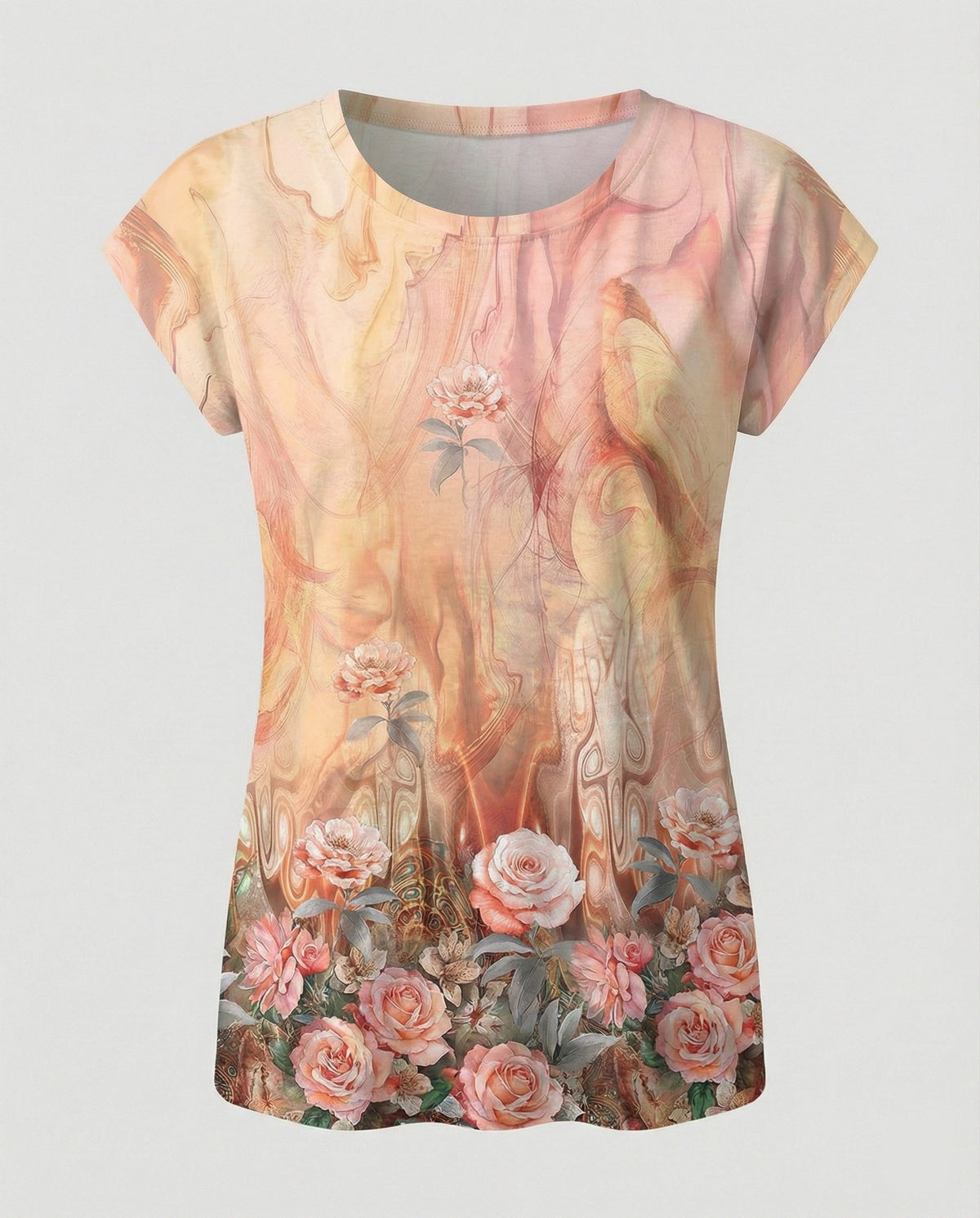Women's summer blouse with watercolor floral print, asymmetric hem and relaxed loose fit