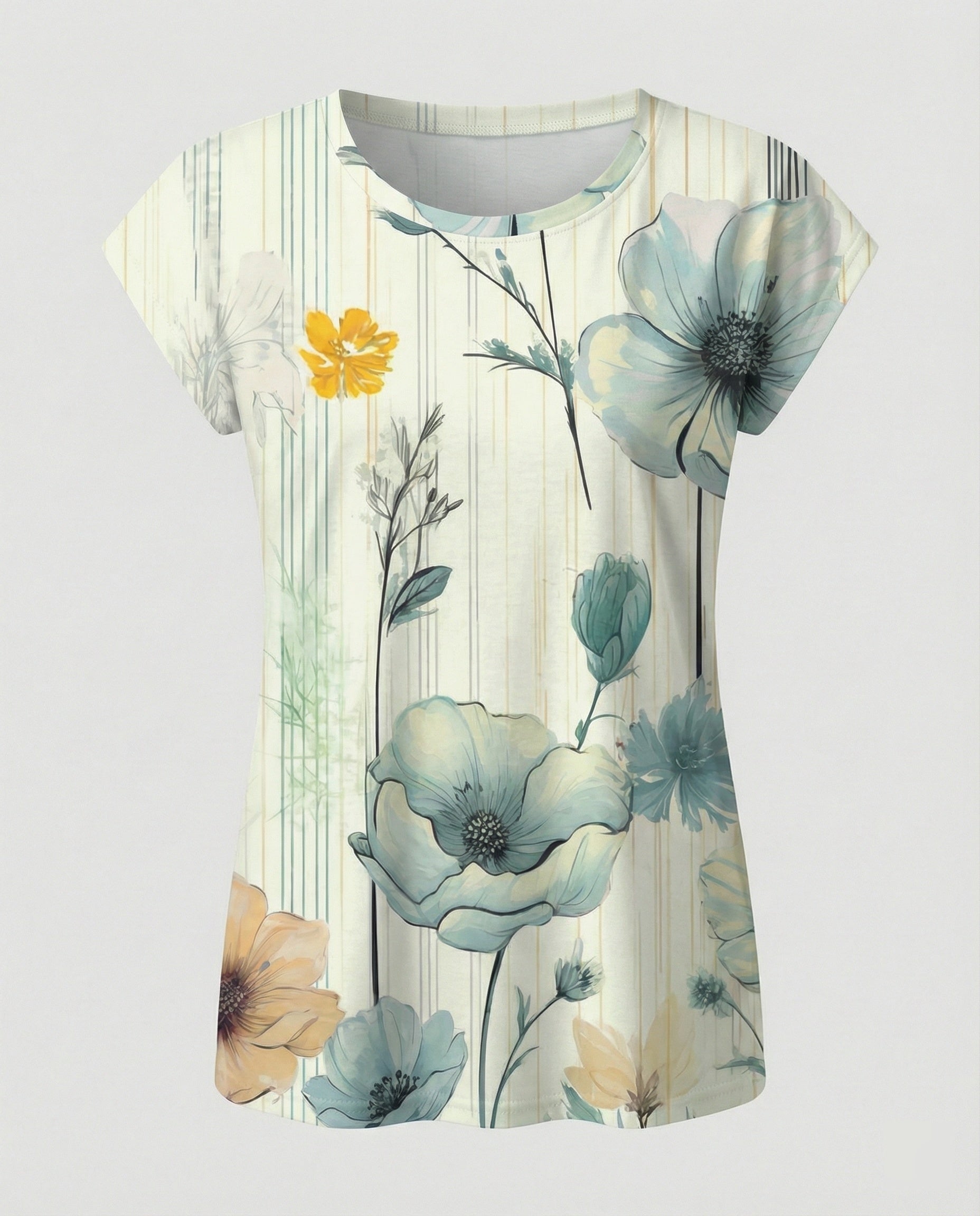 Women's summer blouse with watercolor floral print, asymmetric hem and relaxed loose fit