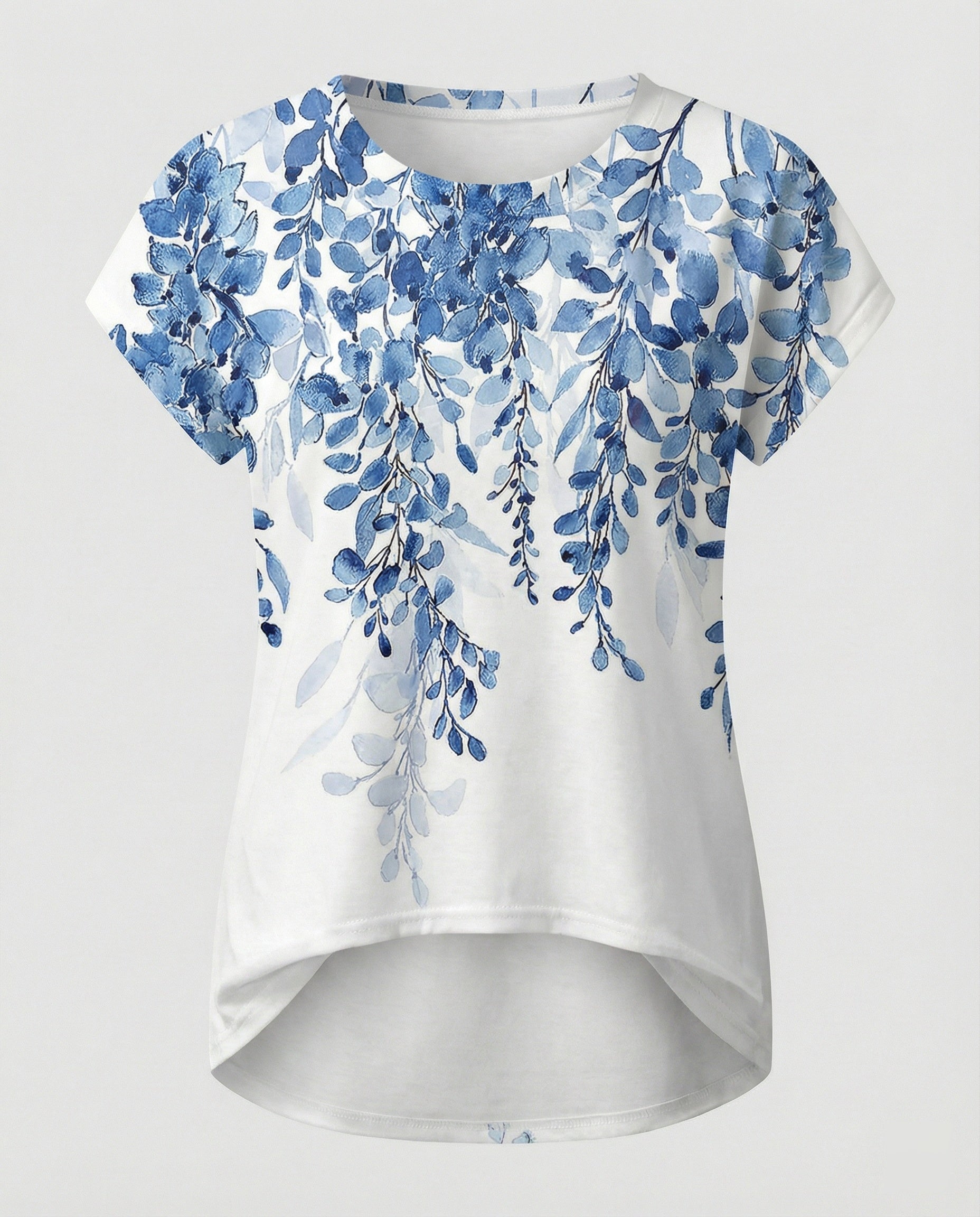 Women's summer blouse with watercolor floral print, asymmetric hem and relaxed loose fit