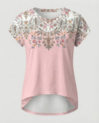 Women's summer blouse with watercolor floral print, asymmetric hem and relaxed loose fit