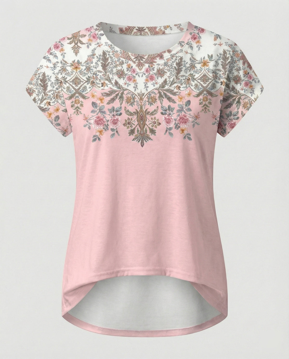 Women's summer blouse with watercolor floral print, asymmetric hem and relaxed loose fit