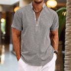 Men short sleeve shirt grandad collar relaxed fit casual summer