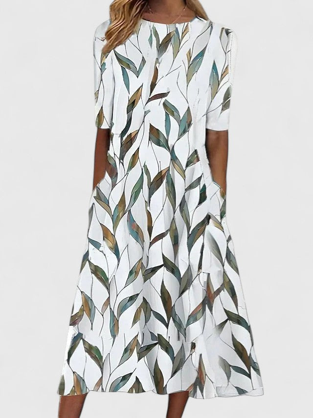 Women's floral midi dress with round neckline, stretchy fabric, available in blue and green