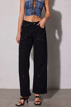 Women's utility jeans high waist wide leg black denim with pockets and metal studs