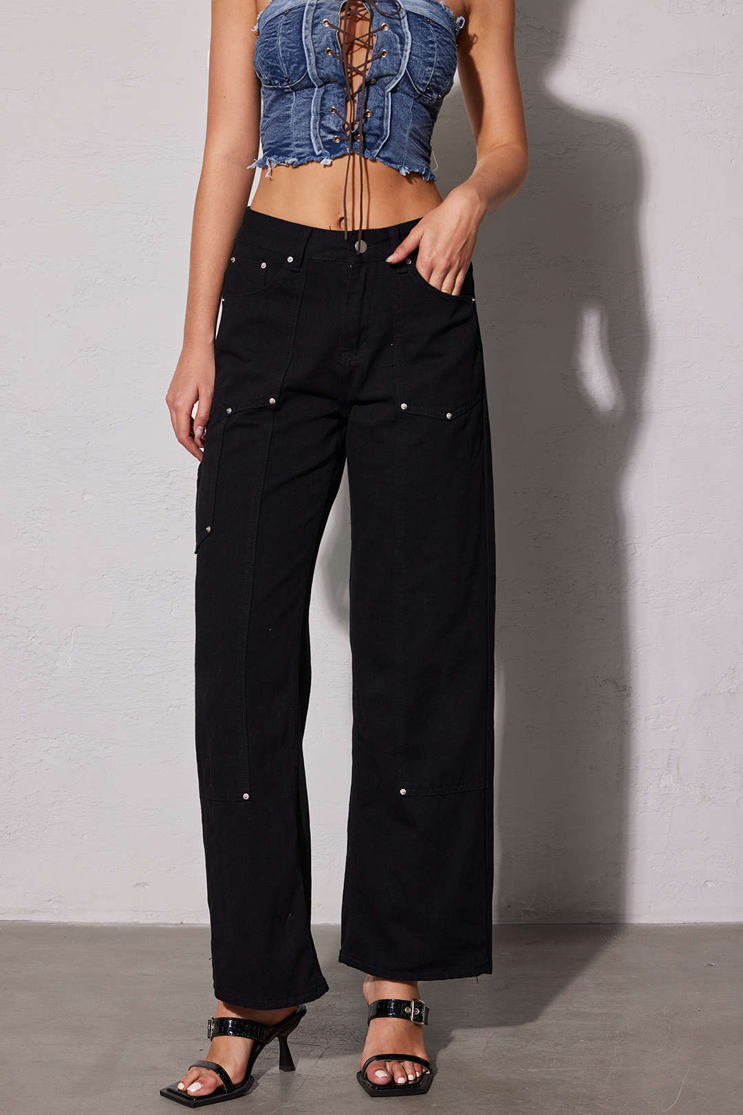 Women's utility jeans high waist wide leg black denim with pockets and metal studs