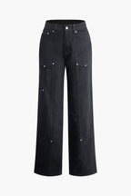 Women's utility jeans high waist wide leg black denim with pockets and metal studs