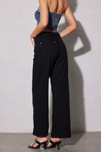 Women's utility jeans high waist wide leg black denim with pockets and metal studs
