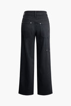 Women's utility jeans high waist wide leg black denim with pockets and metal studs