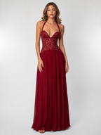 Women's corset bodice maxi dress, full length formal gown in green and burgundy