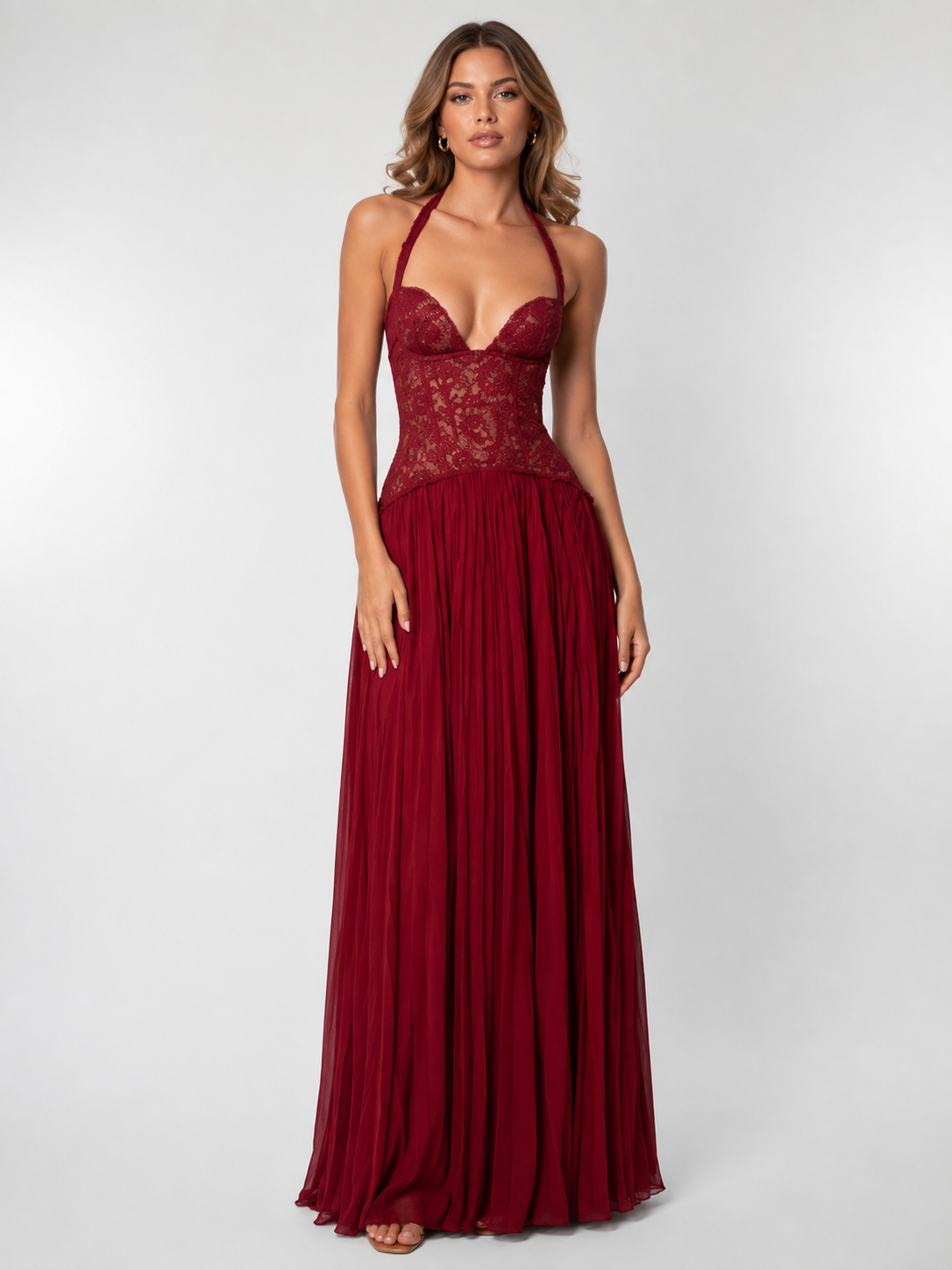 Women's corset bodice maxi dress, full length formal gown in green and burgundy