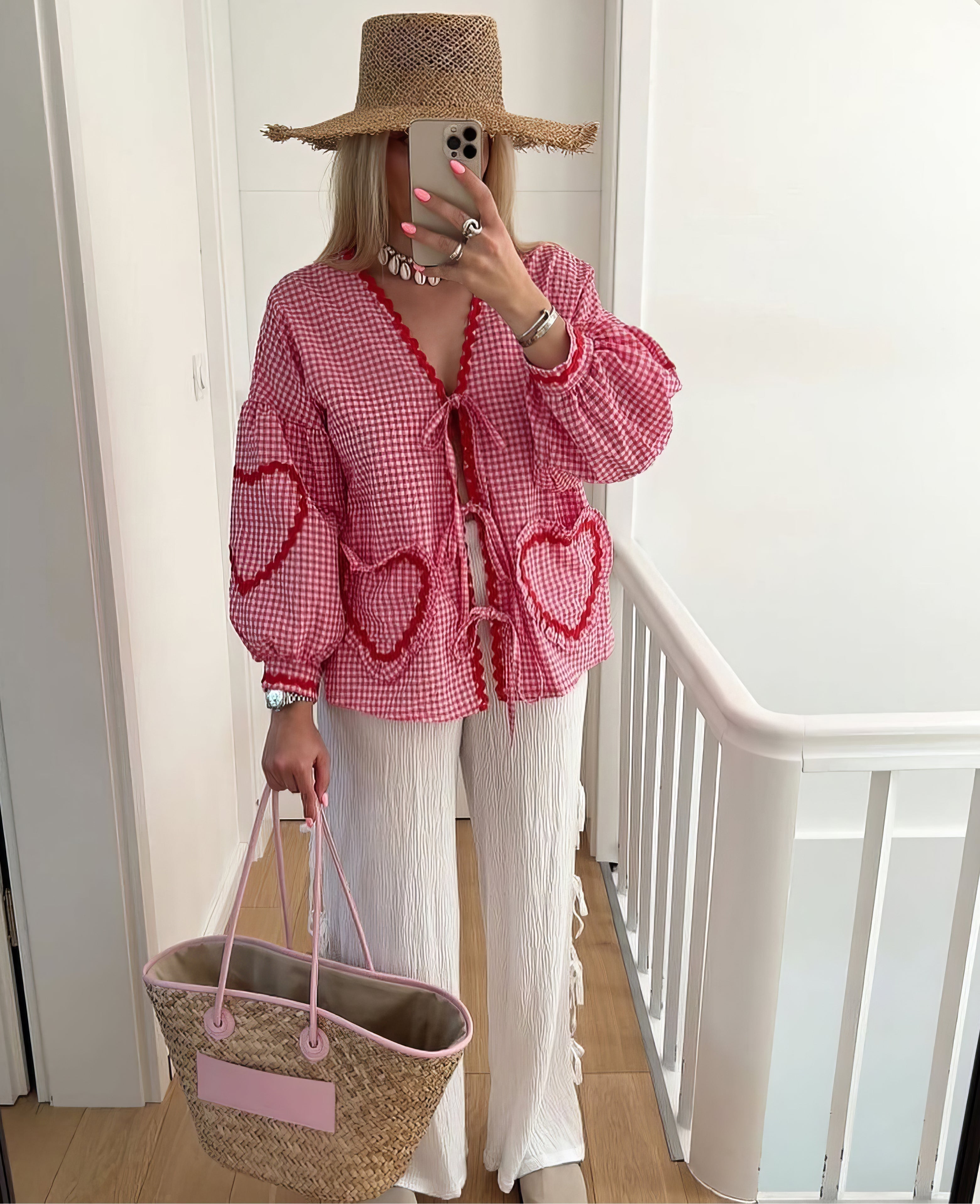 Women's heart blouse gingham ruffle tie-front romantic top