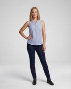 Women's sleeveless blouse blue striped stand collar button placket office