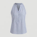 Women's sleeveless blouse blue striped stand collar button placket office