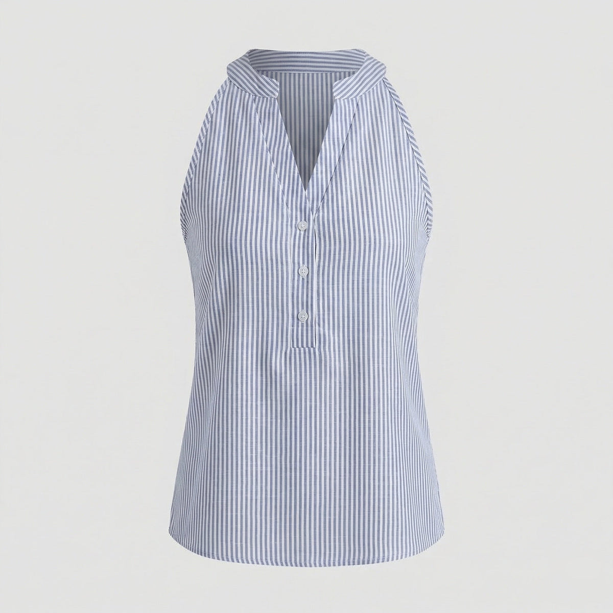Women's sleeveless blouse blue striped stand collar button placket office