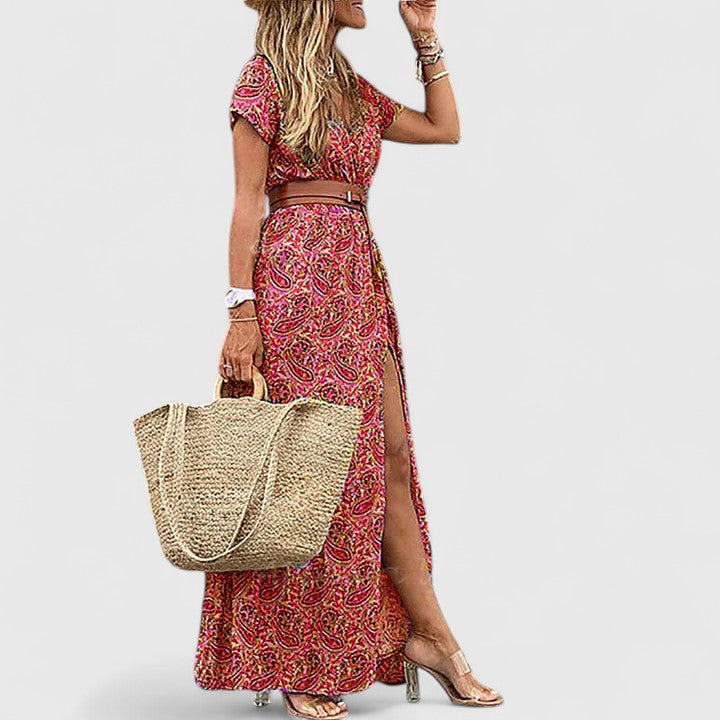 Women's boho maxi dress with V-neckline, casual flowy long summer dress