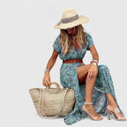 Women's boho maxi dress with V-neckline, casual flowy long summer dress