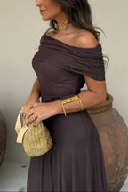 Women off shoulder maxi dress flowing full length silhouette