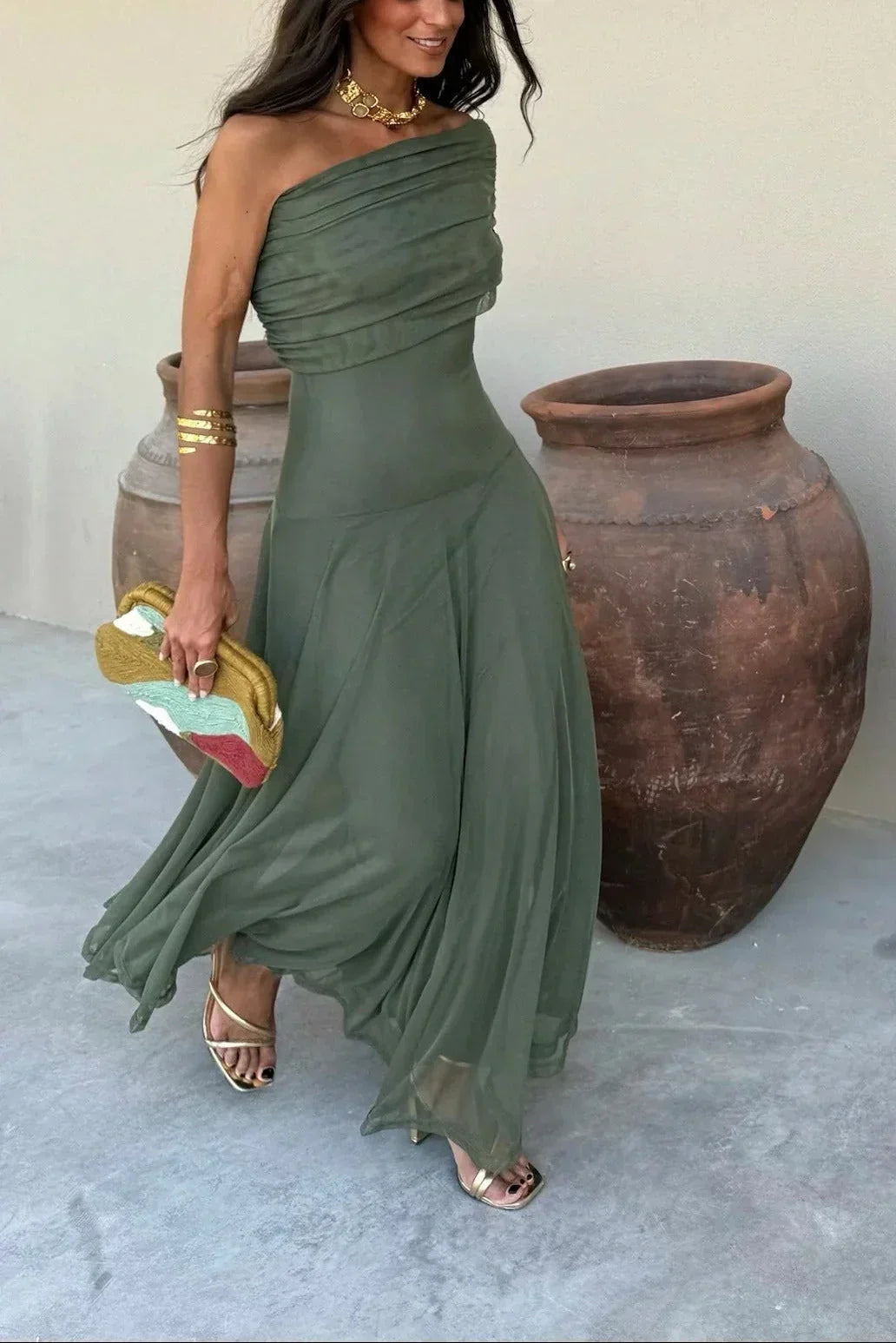 Women off shoulder maxi dress flowing full length silhouette