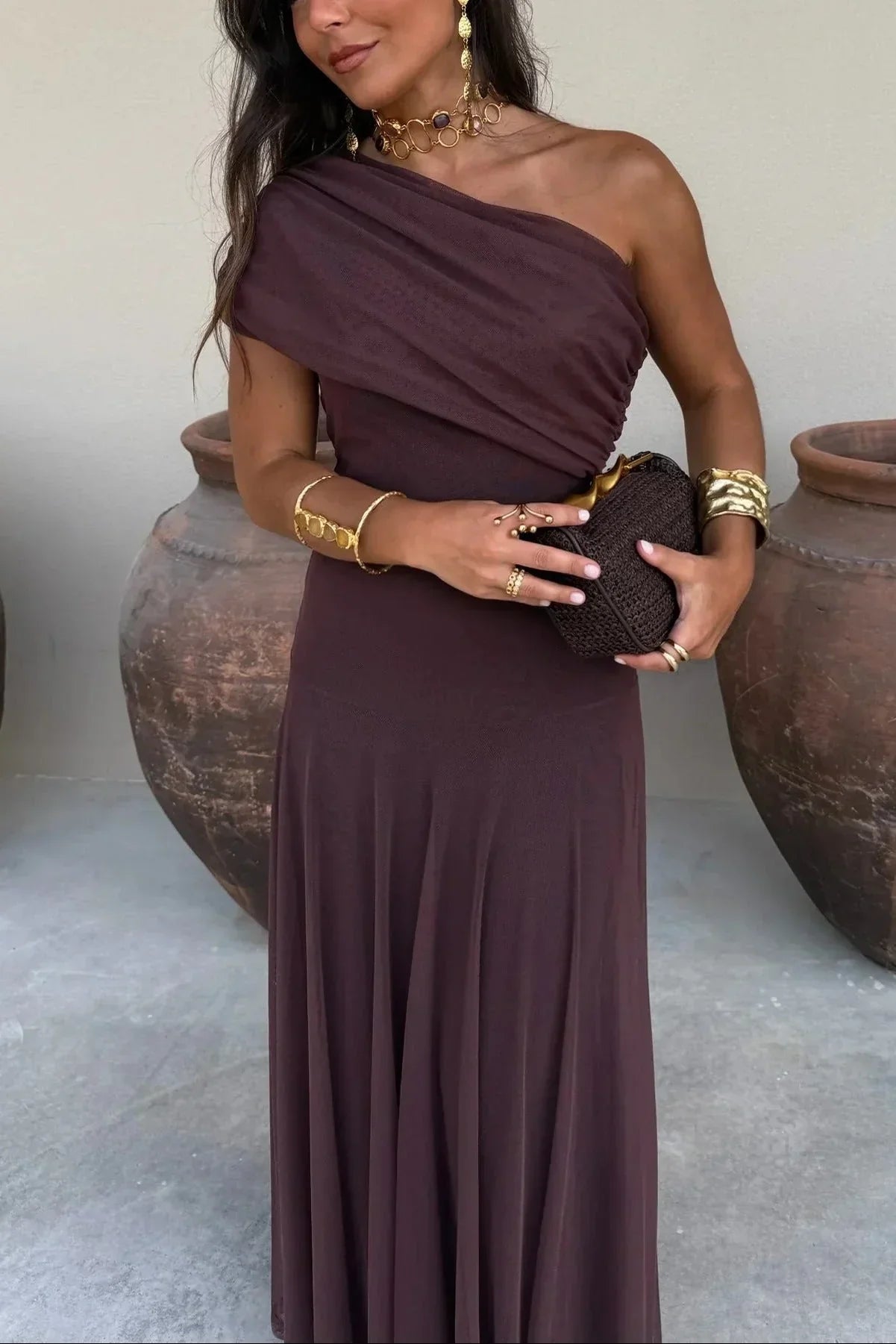 Women off shoulder maxi dress flowing full length silhouette