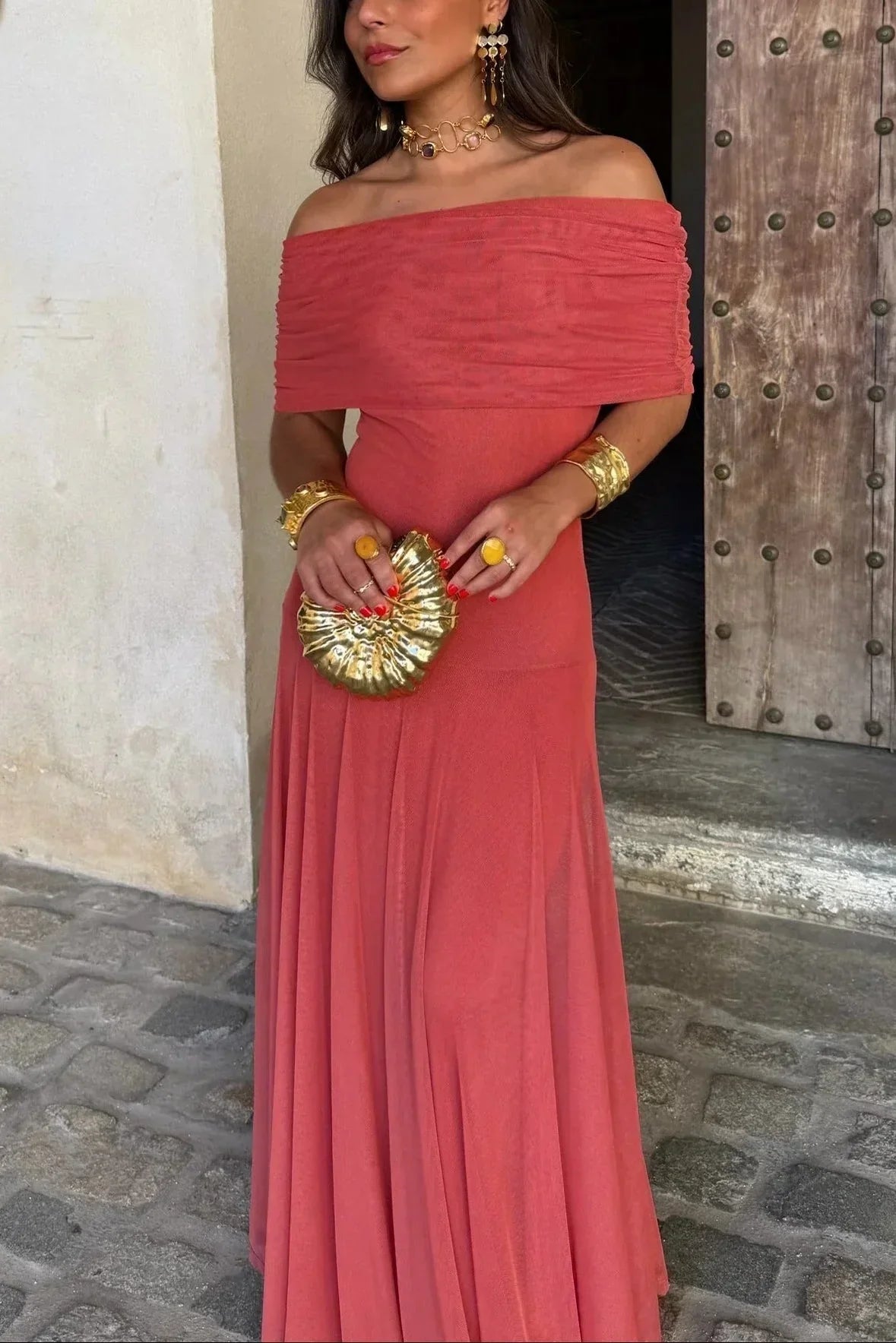 Women off shoulder maxi dress flowing full length silhouette