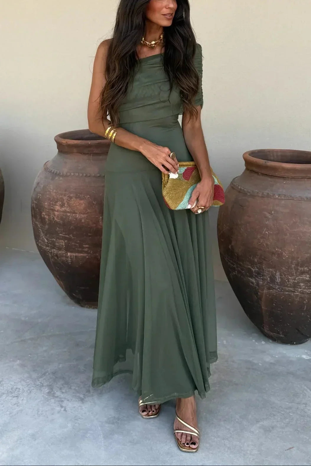 Women off shoulder maxi dress flowing full length silhouette
