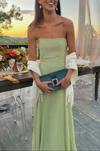 Women's strapless pleated maxi dress in green, formal evening wear