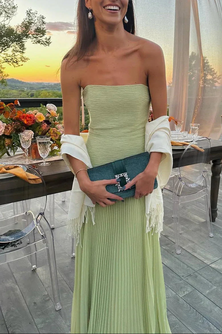 Women's strapless pleated maxi dress in green, formal evening wear