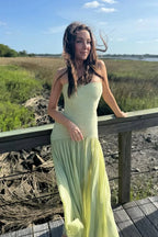 Women's strapless pleated maxi dress in green, formal evening wear