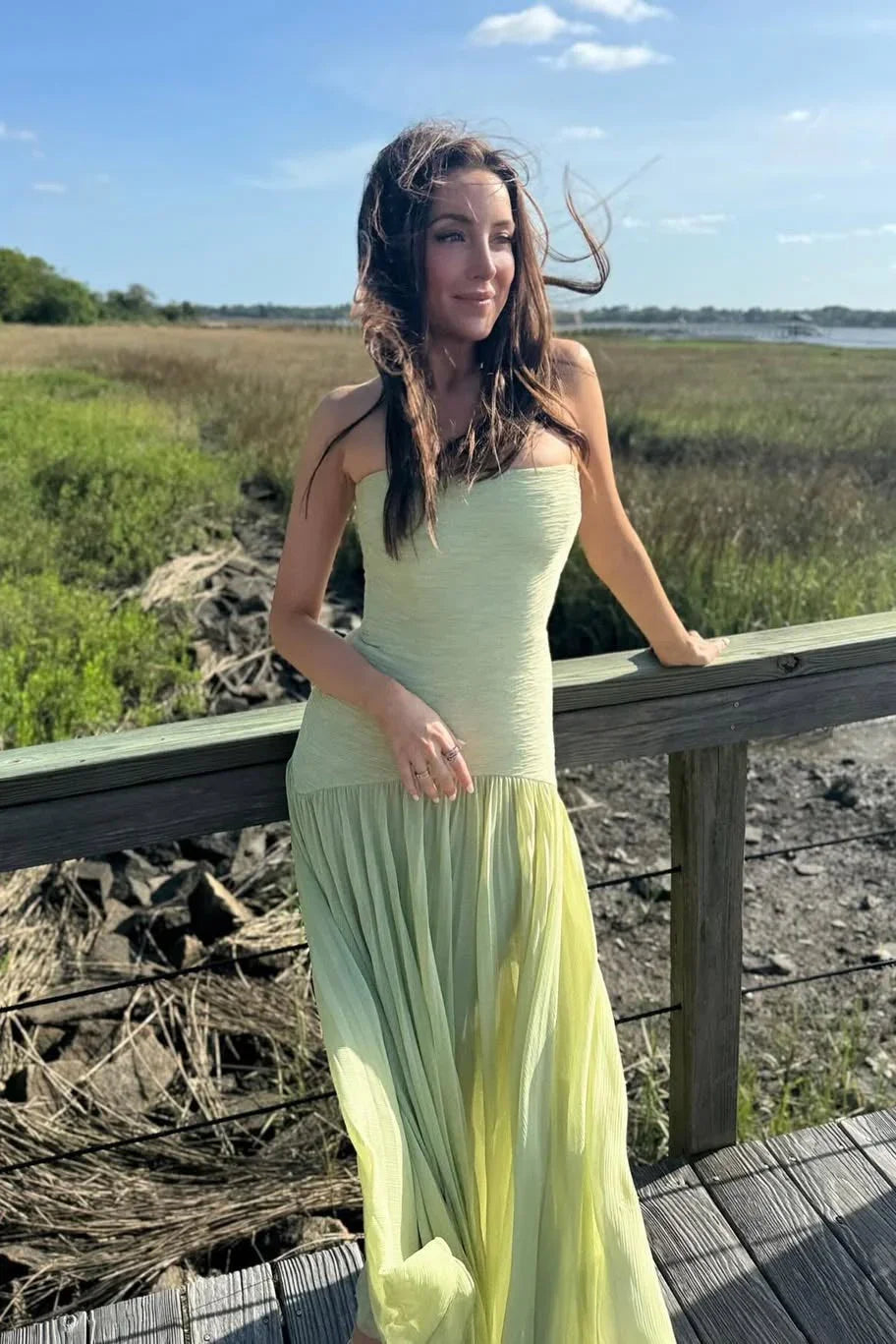 Women's strapless pleated maxi dress in green, formal evening wear