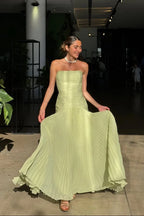 Women's strapless pleated maxi dress in green, formal evening wear