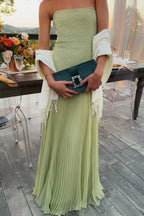 Women's strapless pleated maxi dress in green, formal evening wear