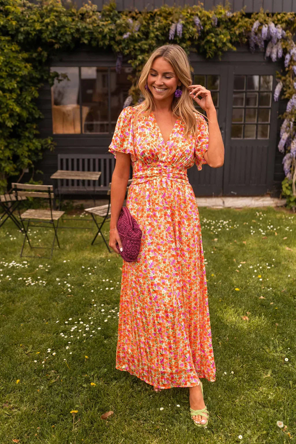 Women's floral maxi dress with short flutter sleeves and V-neckline, summer style