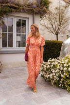 Women's floral maxi dress with short flutter sleeves and V-neckline, summer style