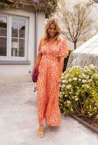Women's floral maxi dress with short flutter sleeves and V-neckline, summer style