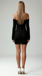 Women's off-shoulder bodycon mini dress with long sleeves and gathered detailing