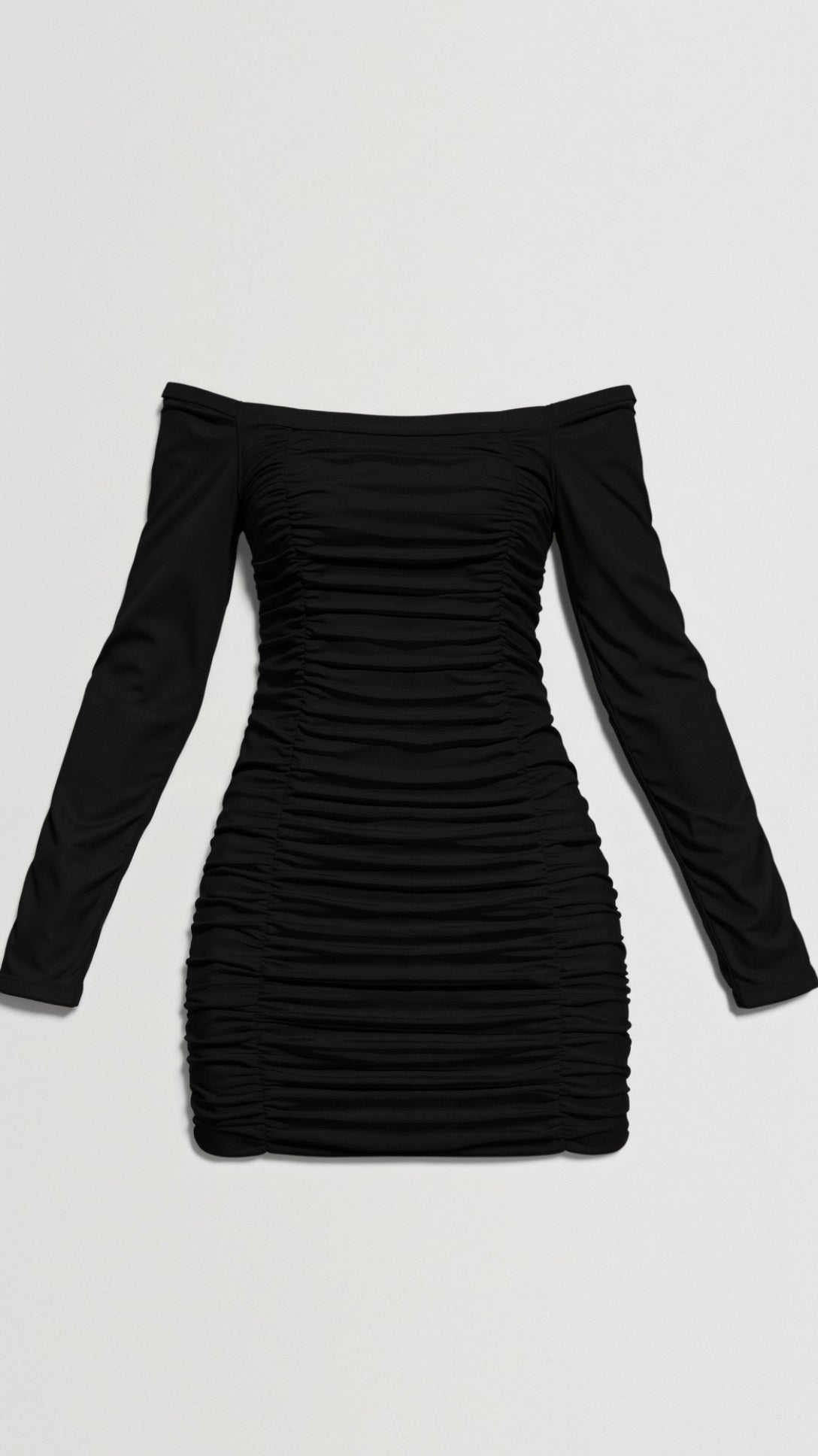 Women's off-shoulder bodycon mini dress with long sleeves and gathered detailing