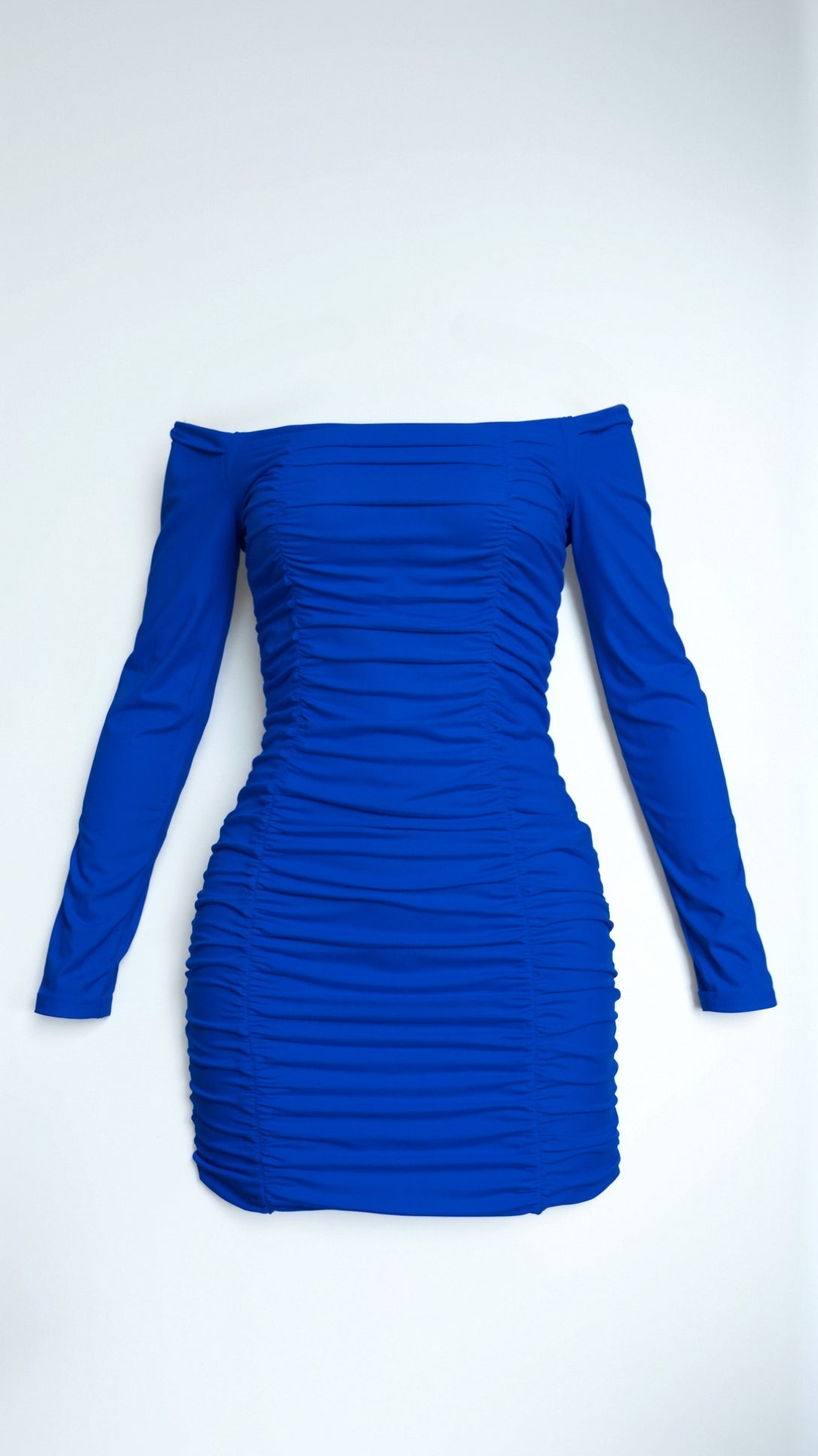 Women's off-shoulder bodycon mini dress with long sleeves and gathered detailing