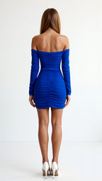 Women's off-shoulder bodycon mini dress with long sleeves and gathered detailing