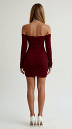 Women's off-shoulder bodycon mini dress with long sleeves and gathered detailing